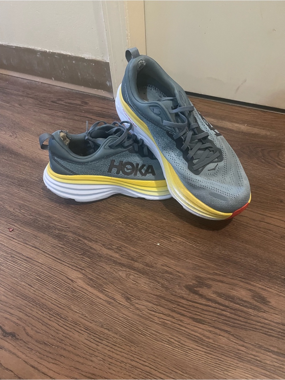Hoka Gray and Yellow Athletic Running Sneakers